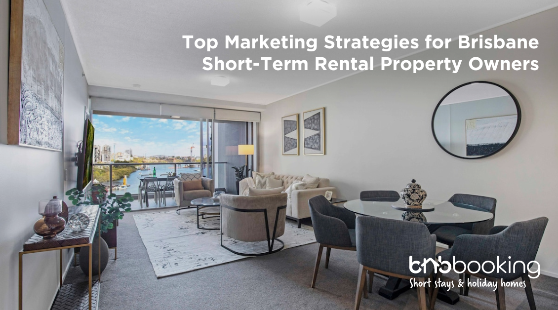 Modern Brisbane short-term rental apartment with city skyline view, styled interior and natural light, representing Airbnb hosting and property marketing strategies