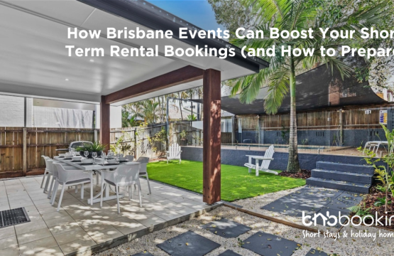 Brisbane city skyline with text highlighting how local events increase short-term rental bookings