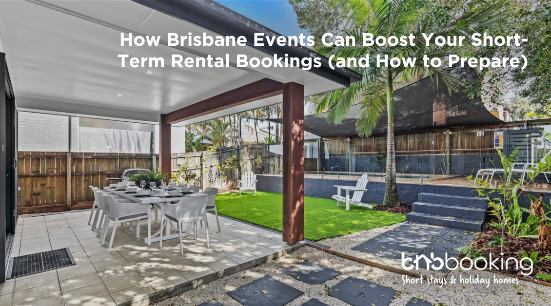 Brisbane city skyline with text highlighting how local events increase short-term rental bookings